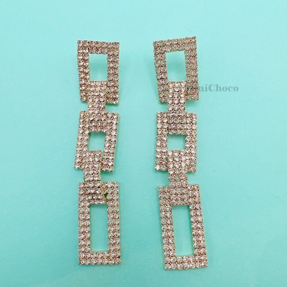 Gold Tone Rhinestone Rectangle Chain Link Earrings - Picture 4 of 10